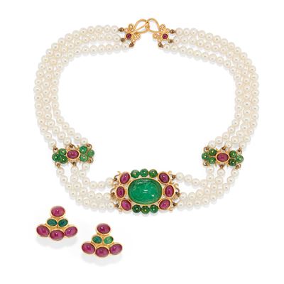 Demi-parure in oro giallo 18k con perle, smeraldi e rubini