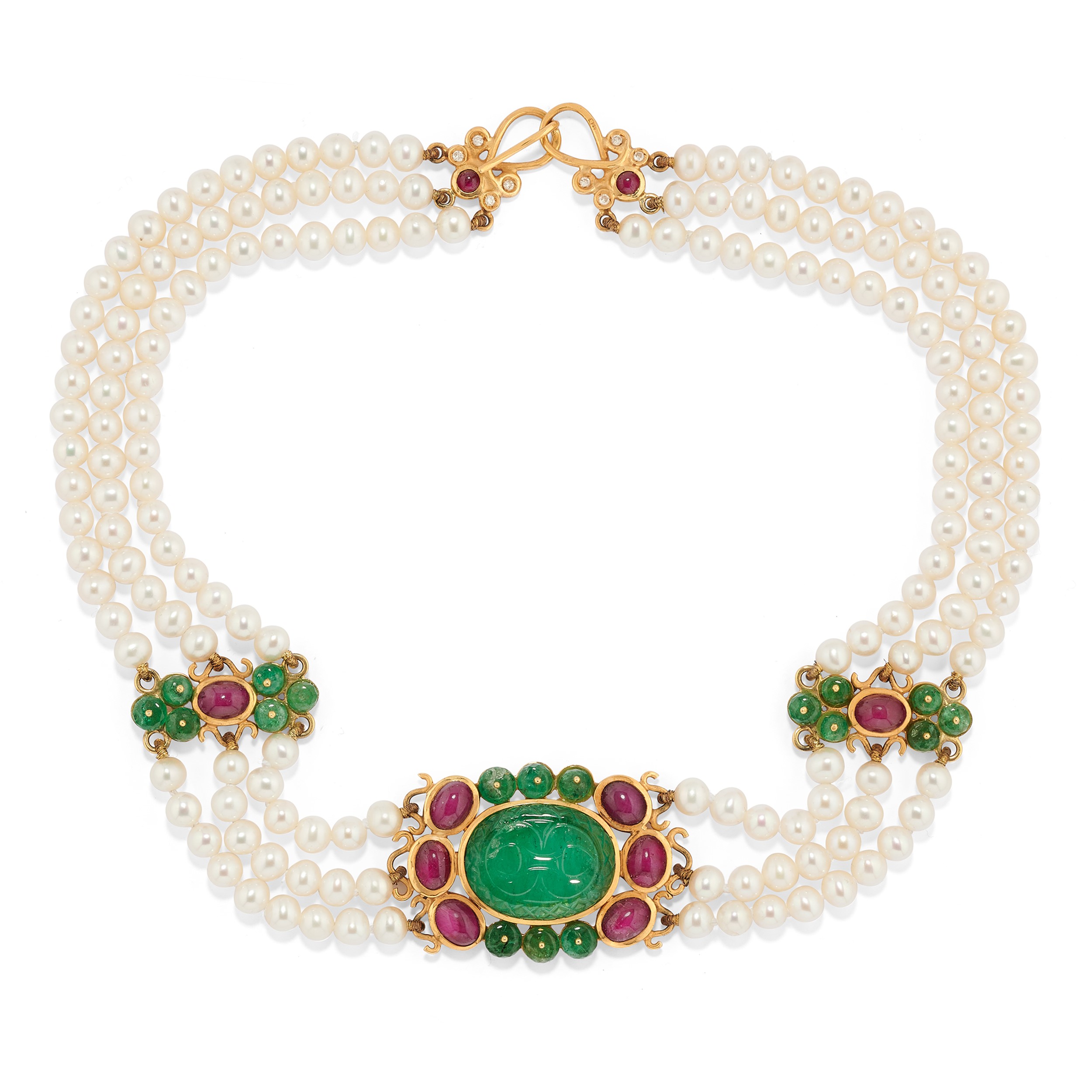 Demi-parure in oro giallo 18k con perle, smeraldi e rubini