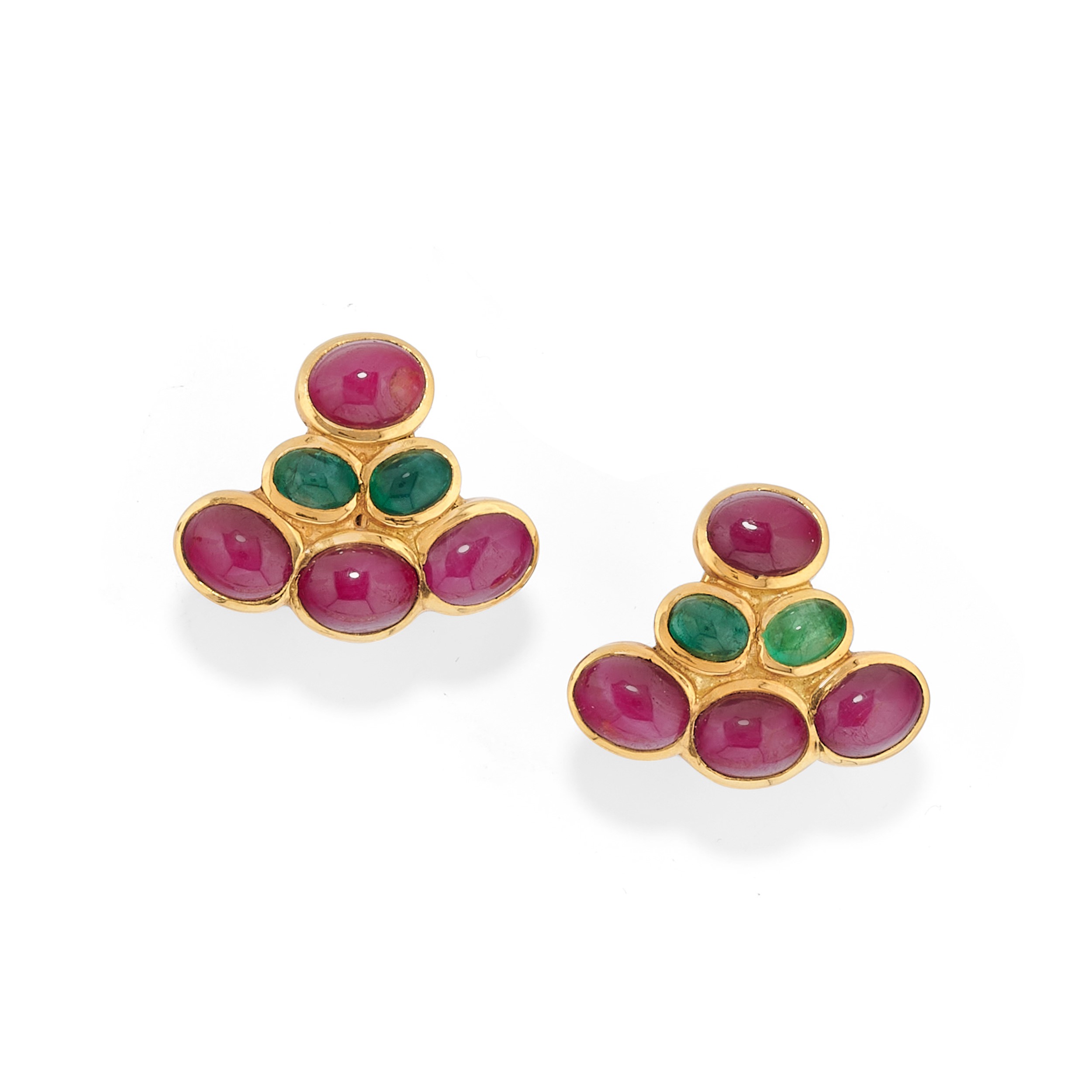 Demi-parure in oro giallo 18k con perle, smeraldi e rubini