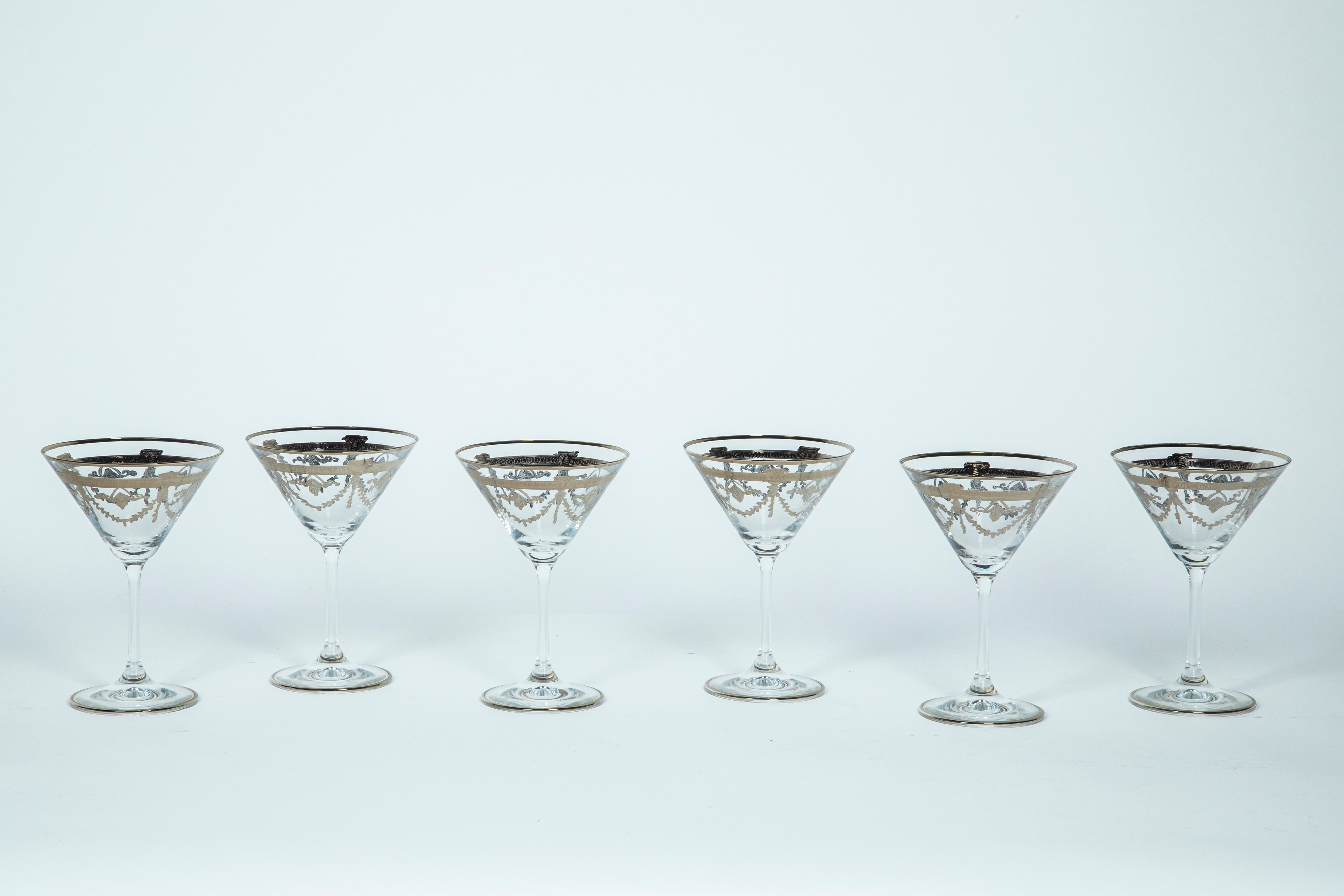 Set of six crystal Martini glasses with classic designs and platinum ...