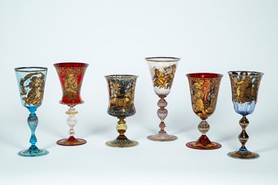 Collezione di Sei Coppe di Diverse Misure in Vetro Policromo di Murano, Molate e Decorate a Mano ...
