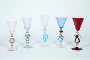 Five Murano glass goblets, polychrome with gold leaf decoration, 20th century