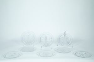 Lalique France. Otto piatti in cristallo a soggetti differenti prevalentemente di flora e fauna