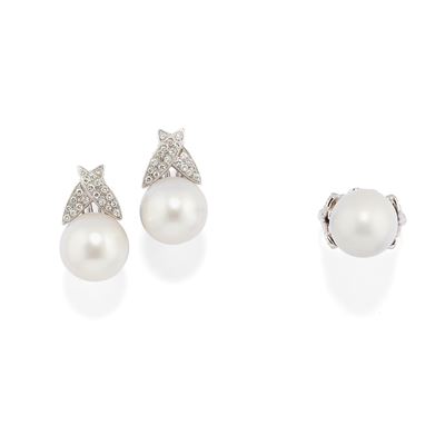 Demi-parure in oro bianco 18k, perle South Sea (anello e orecchini)