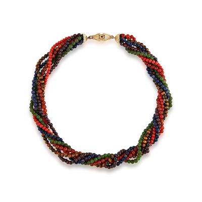 Collana in oro giallo 18k a torchon con pietre dure (lapislazzuli, occhio di tigre, corallo e gia...