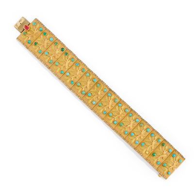 Bracciale in oro bicolore 18k con turchesi e rubino cabochon
