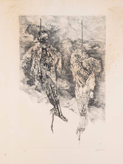 Epitaffio Villon (ballata degli impiccati) — acquaforte e acquatinta, 1976