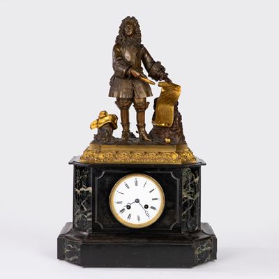 Pendola da appoggio in marmo, bronzo dorato e patinato, Francia, XIX secolo