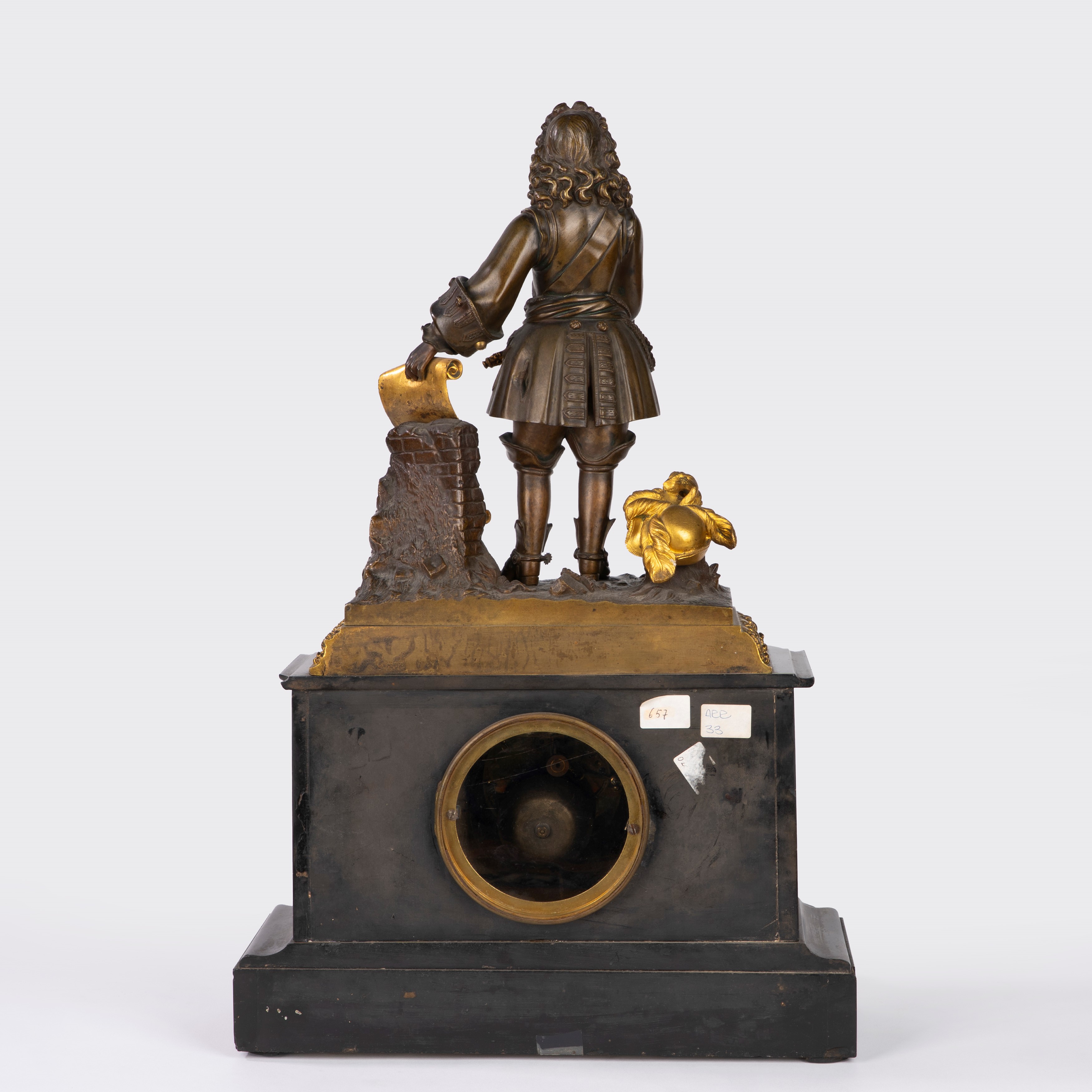 Pendola da appoggio in marmo, bronzo dorato e patinato, Francia, XIX secolo