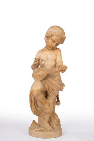 Putto allegorico musicante in alabastro. Secolo XVII-XVIII