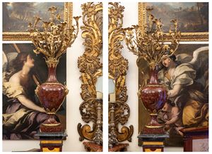 Coppia di grandi candelabri a dieci luci in marmo griotte rouge montato in bronzo dorato. Francia, ultimo quarto secolo XIХ