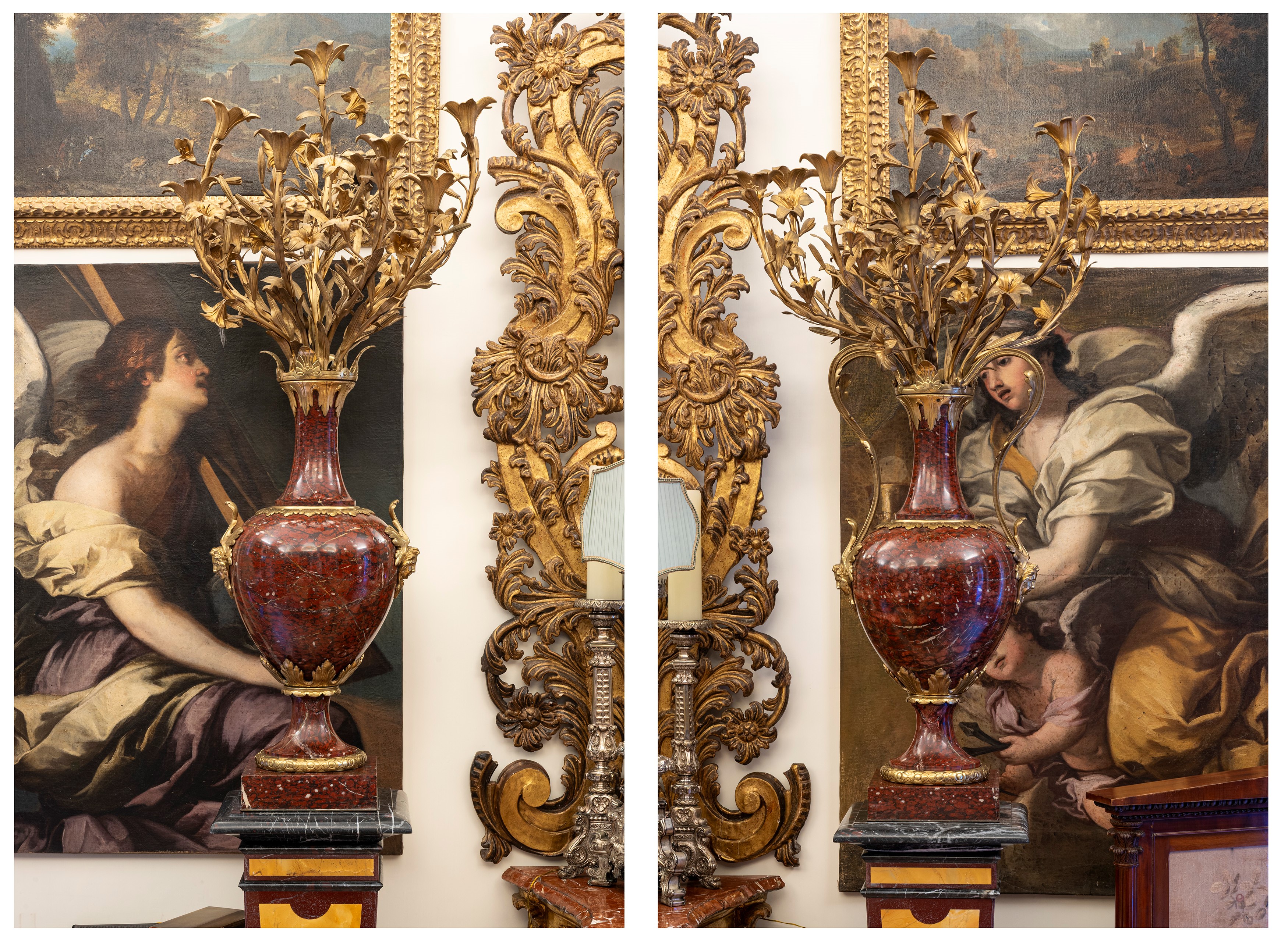 Coppia di Grandi Candelabri in Marmo Griotte Rouge Montato in Bronzo Dorato. Francia, Ultimo Quar...