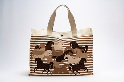 Borsa “Chevaux”, in tela a tonalità marroni, dettagli Clou de selle in palladio