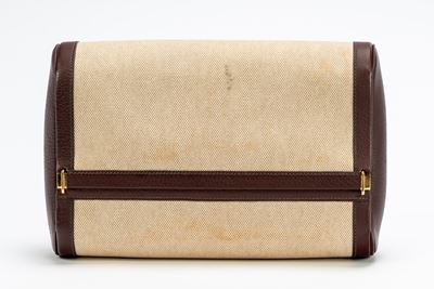 Trousse da viaggio, in tela e pelle marrone con dettagli in metallo dorato