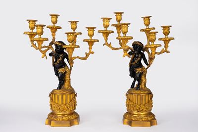 Fauno, Coppia di candelabri a sei luci in bronzo dorato e patinato, Francia, inizio XX secolo