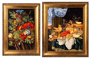 Due placche in lavagna con composizioni di aragoste e frutta 