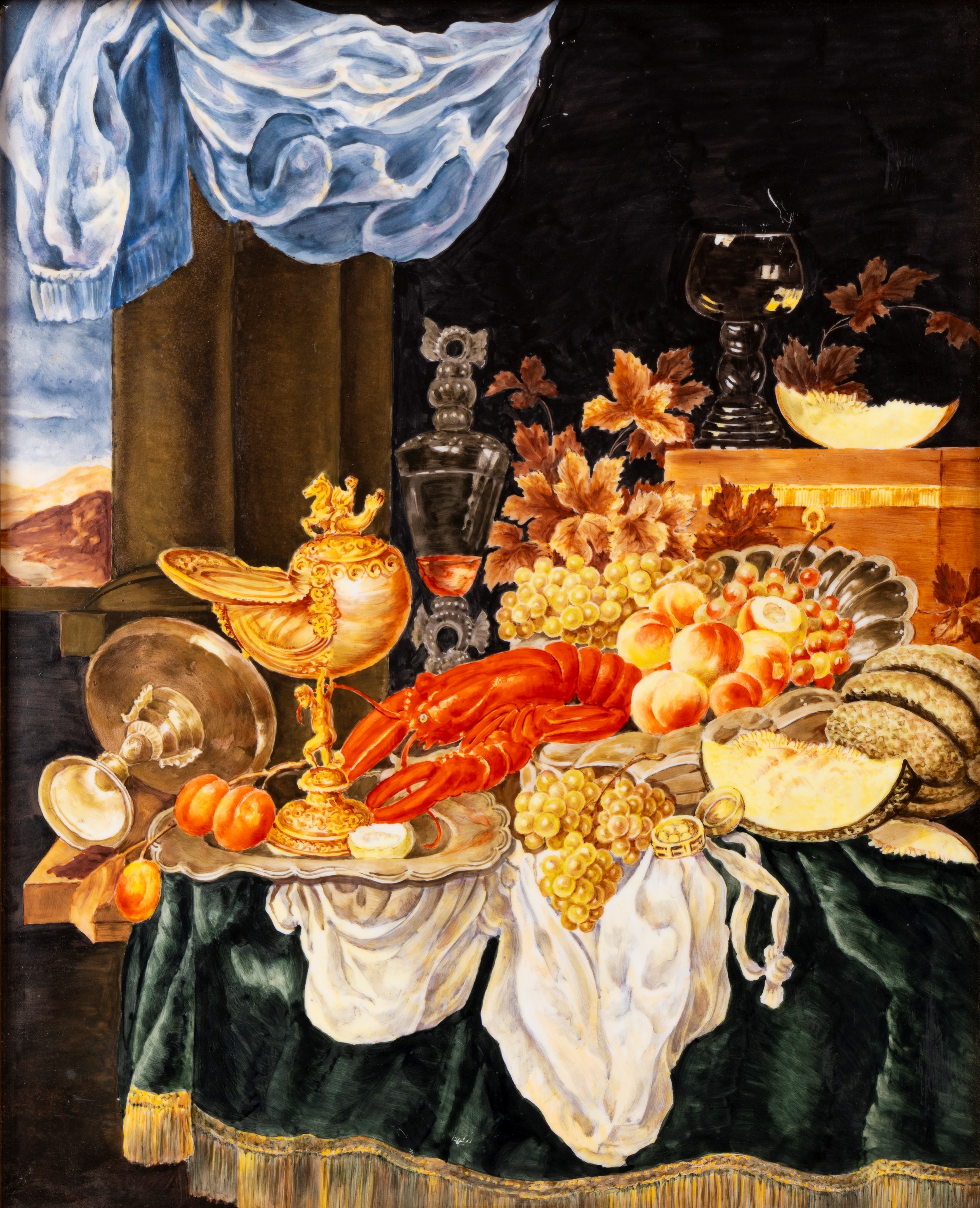 Due placche in lavagna con composizioni di aragoste e frutta, cm 27,5 x 21,5 e cm 30 x 20