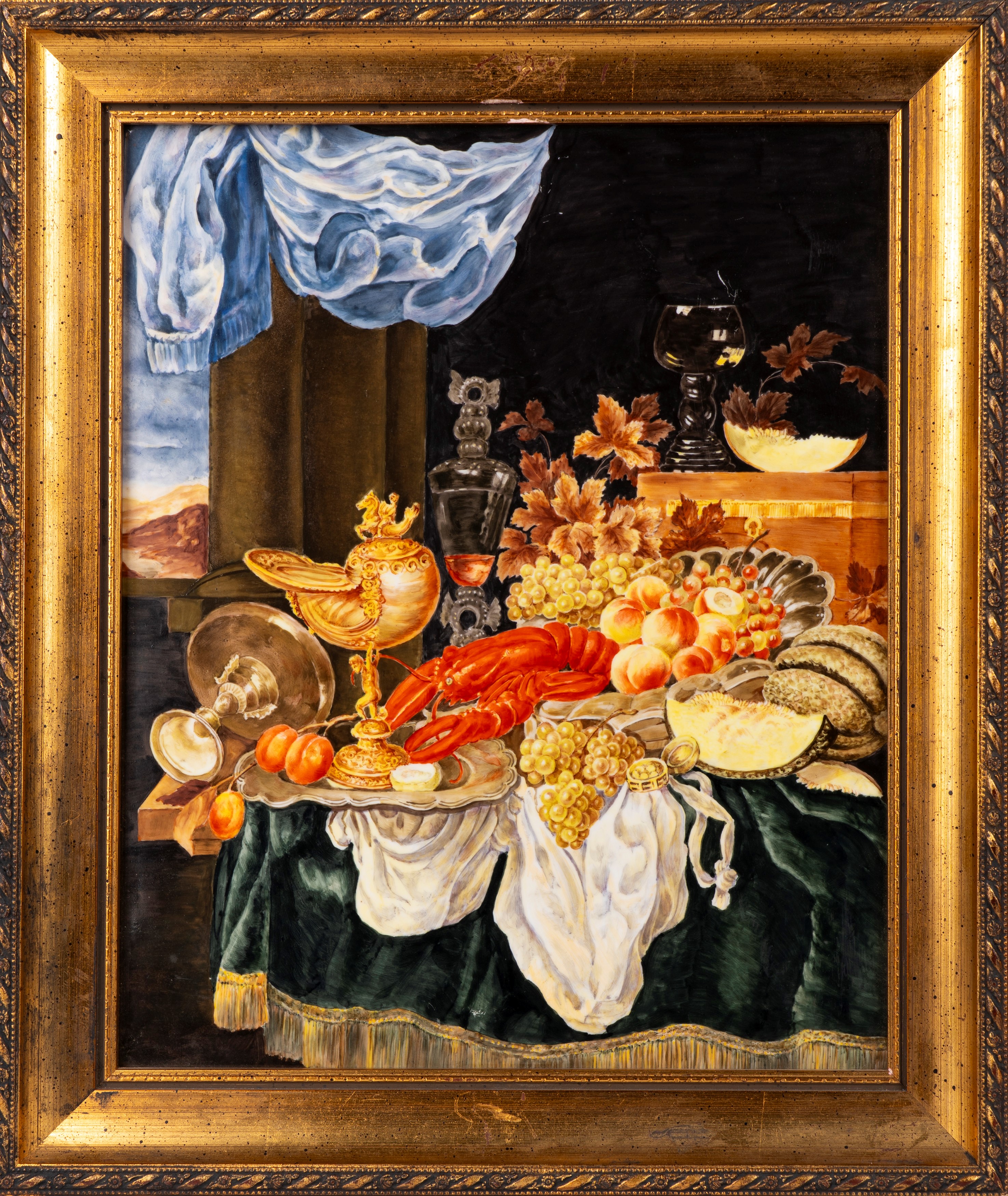 Due placche in lavagna con composizioni di aragoste e frutta, cm 27,5 x 21,5 e cm 30 x 20