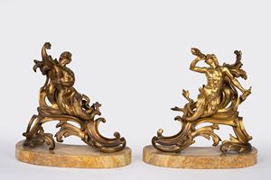 Alari in bronzo dorato raffiguranti un tritone e una sirena. Francia, Secolo XIX 