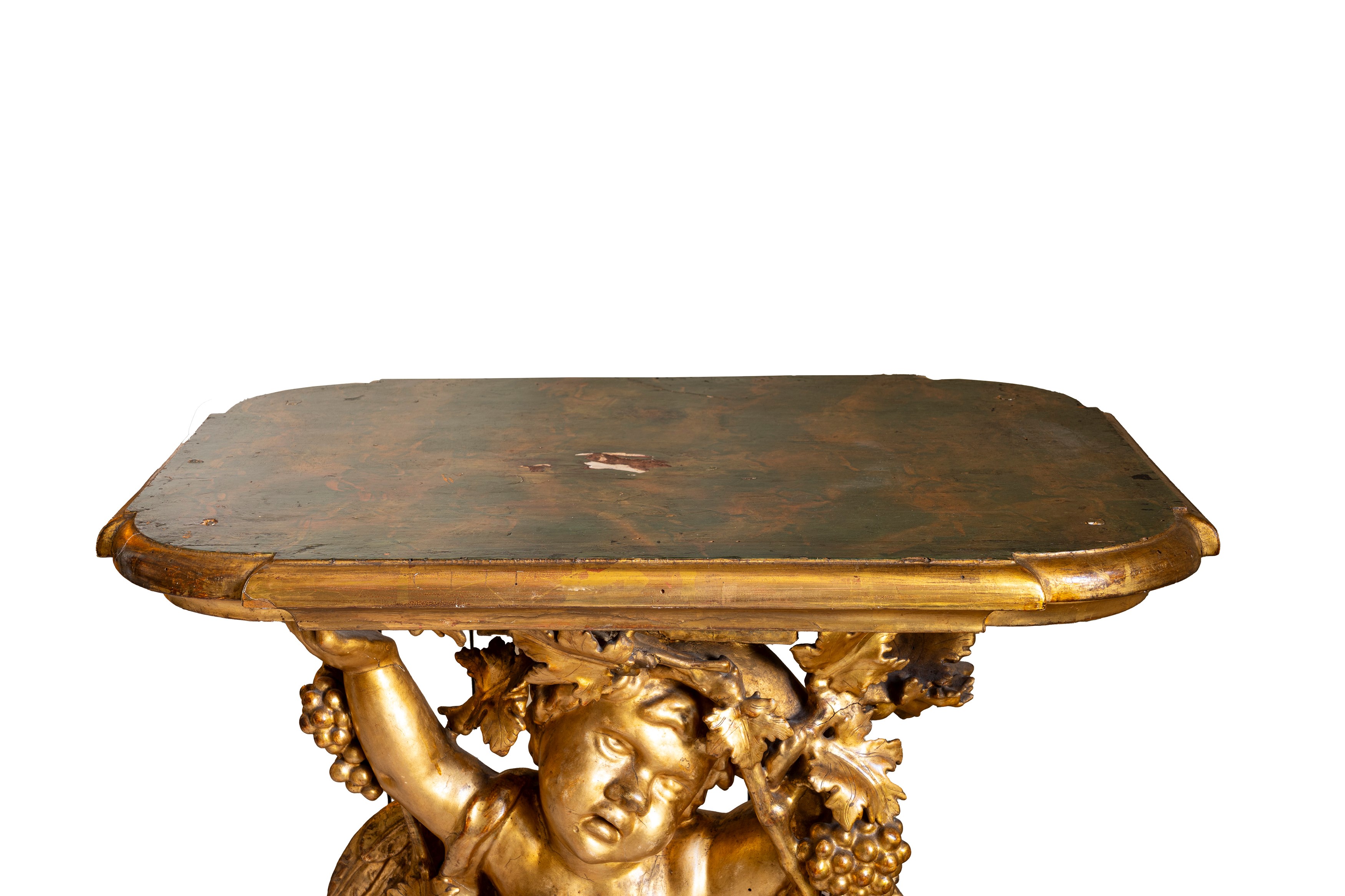 Coppia di Consoles in Legno Scolpito e Dorato con Piano Laccato a Finto Marmo. Secolo XVIII/XIX