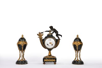Trittico da camino Napoleone III, orologio in marmo verde e bronzo dorato e patinato, Francia, XI...