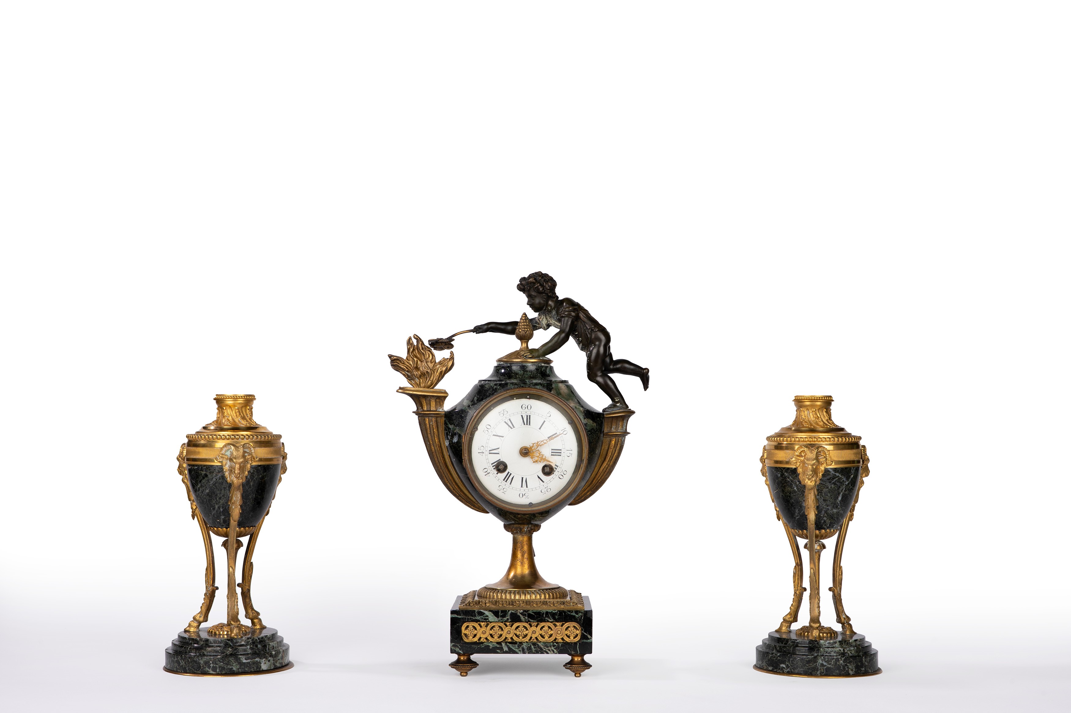 Trittico da camino Napoleone III, orologio in marmo verde e bronzo dorato e patinato, Francia, XI...