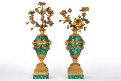 Candelabri, coppia in malachite montata in bronzo dorato, Francia, ultimo quarto del XIX secolo