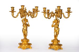 Coppia di candelabri Napoleone III in bronzo dorato a cinque fiamme. Francia, secolo XIX