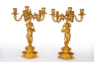 PH Mourey, Coppia di candelabri Napoleone III in bronzo dorato a cinque fiamme, Francia, XIX seco...