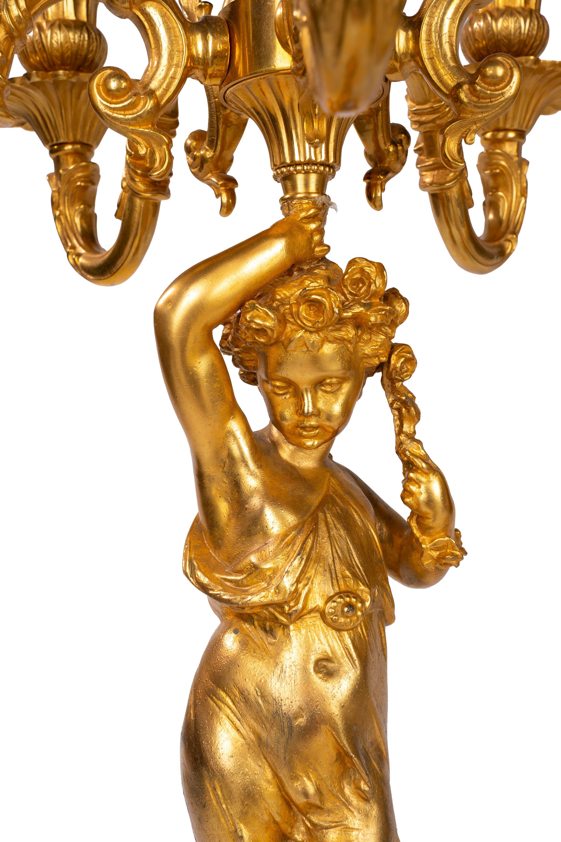 PH Mourey, Coppia di candelabri Napoleone III in bronzo dorato a cinque fiamme, Francia, XIX seco...