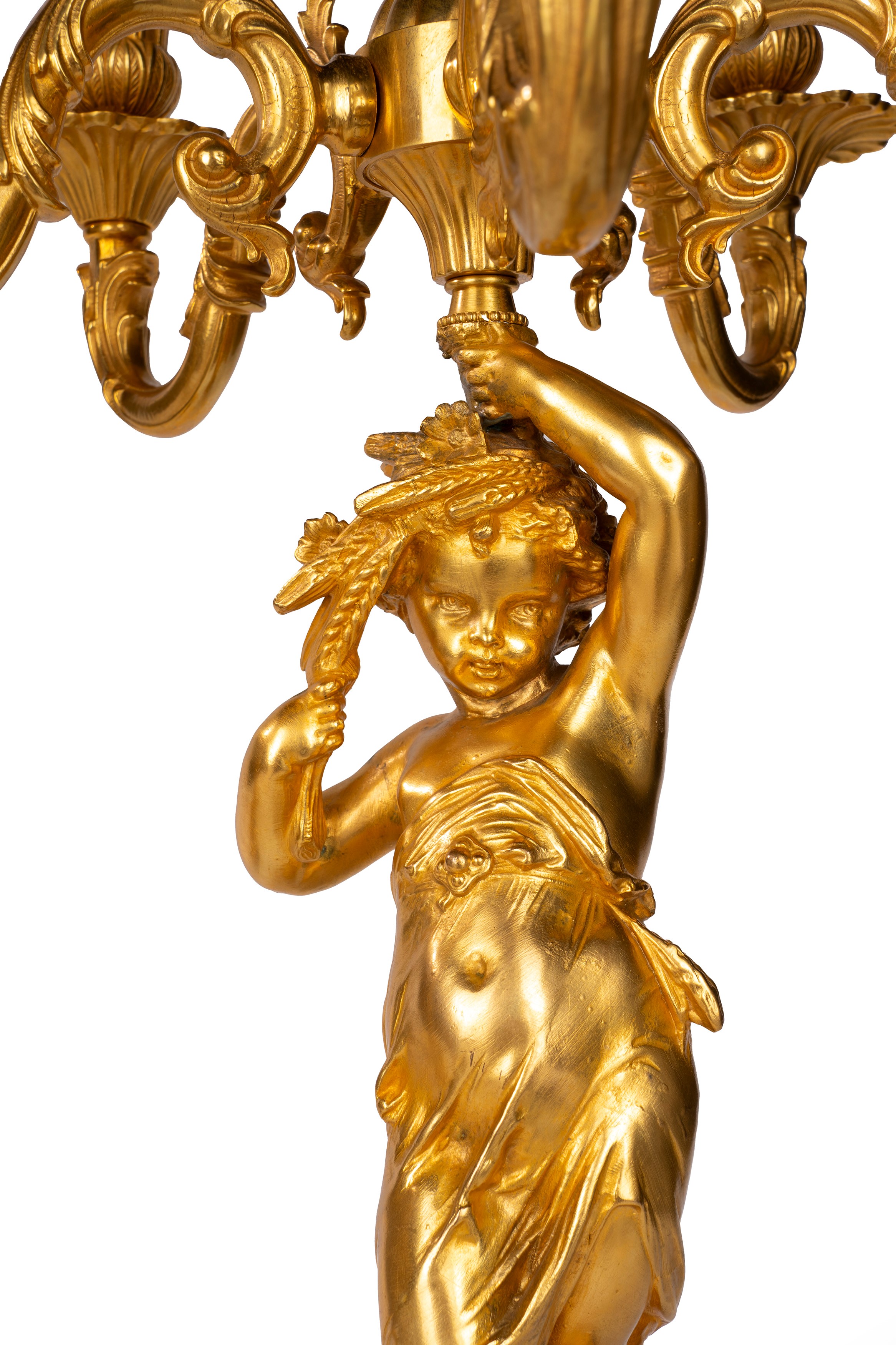 PH Mourey, Coppia di candelabri Napoleone III in bronzo dorato a cinque fiamme, Francia, XIX seco...
