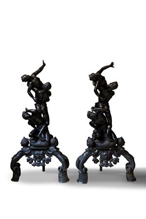 Coppia di grandi alari in bronzo raffiguranti il ratto delle Sabine. Da Giambologna, secolo XIX 