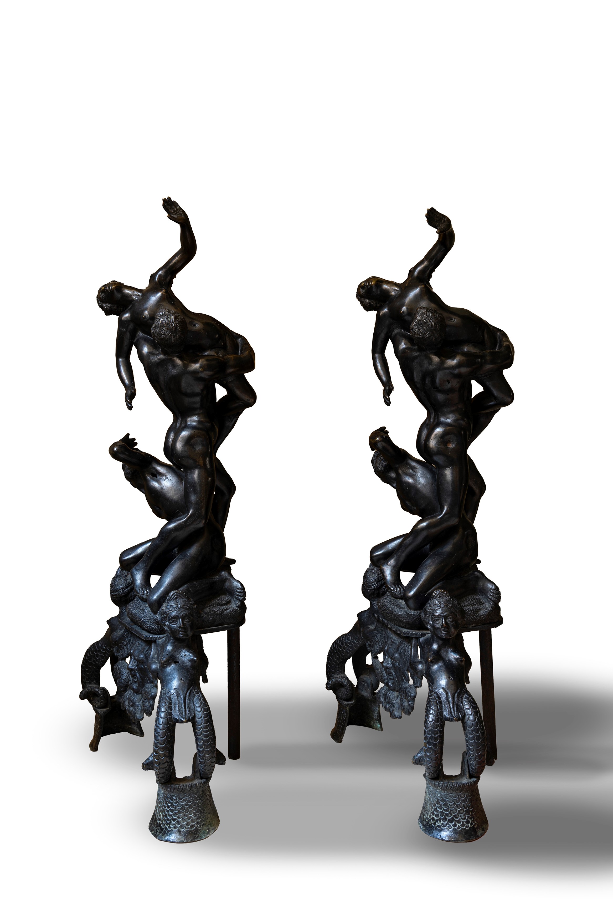 Giambologna, Coppia di alari in bronzo raffiguranti il ratto delle Sabine, secolo XIX