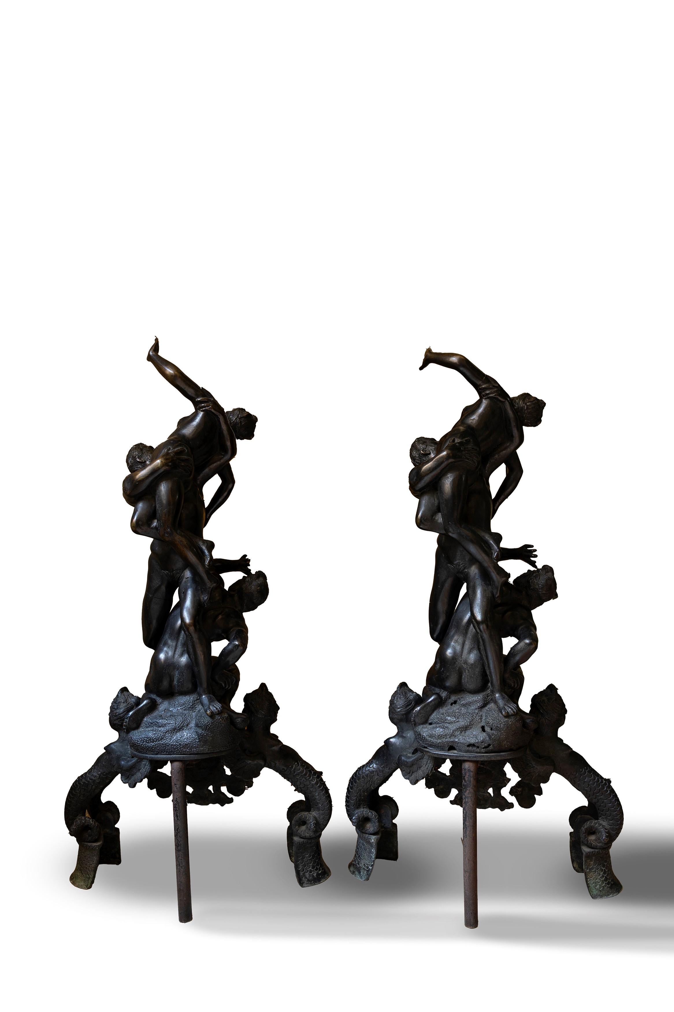 Giambologna, Coppia di alari in bronzo raffiguranti il ratto delle Sabine, secolo XIX