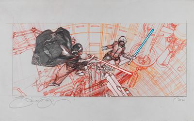 Star Wars - The Empire Strikes Back: Darth Vader vs Luke Skywalker, matita, pastelli e tempera su...