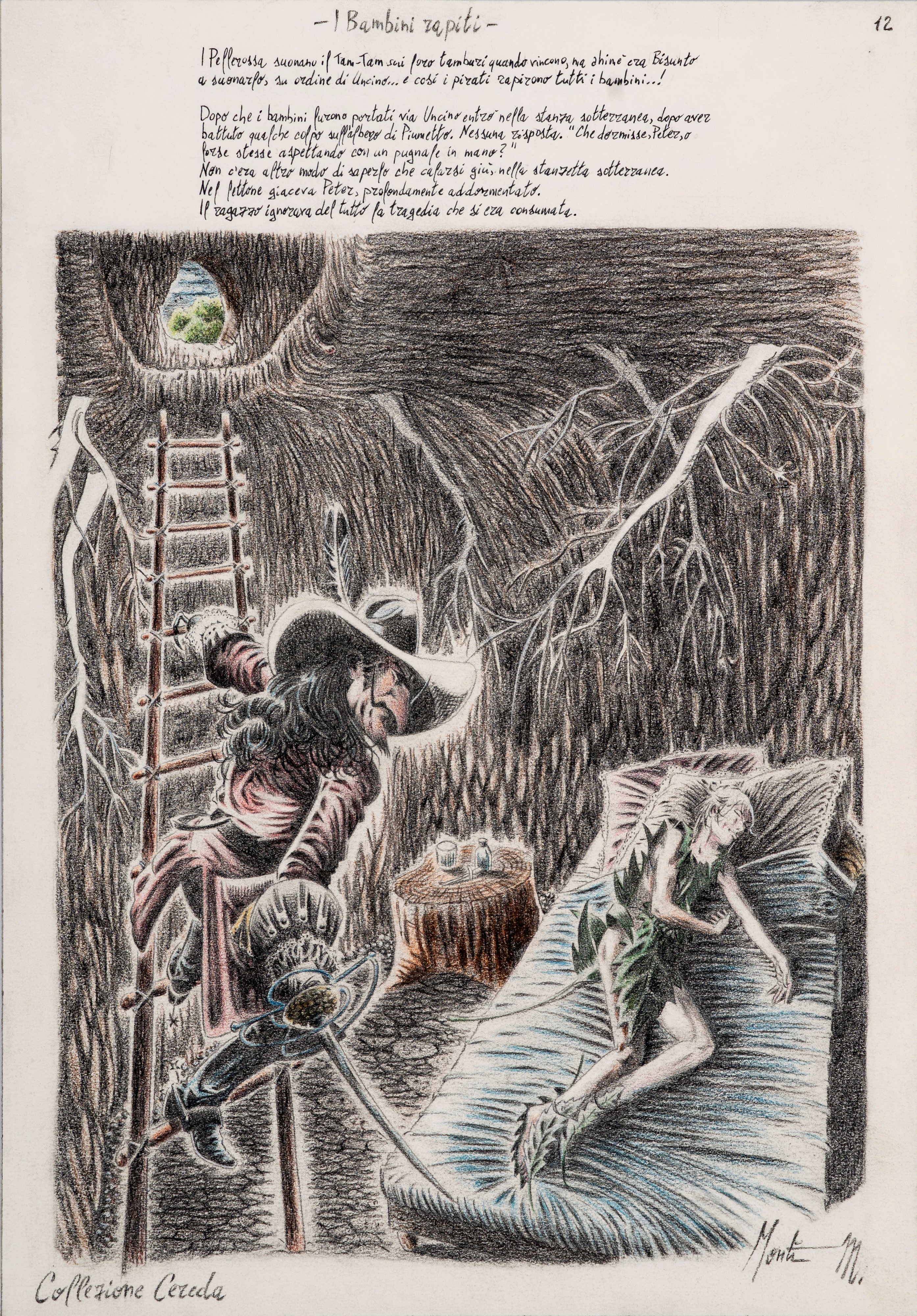Monti (antonio Montanaro) - Illustrazioni per 'Peter Pan', matita e pastelli su cartoncino