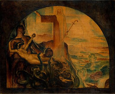 La cacciata dall'Eden, acquerello e tempera su legno