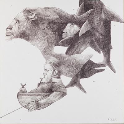 Il vecchio e il mare - Il sogno di Santiago, biro su cartone