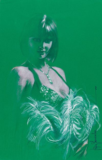 Feathered Woman, pastelli e tempera su cartoncino verde