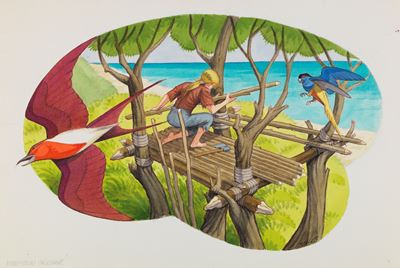 Autore sconosciuto, Robinson Crusoe, tempera e acquerello su cartoncino
