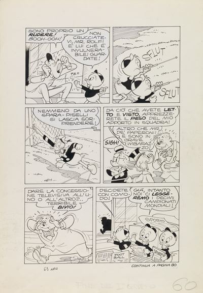 Paperino ai mondiali di calcio, matita e china su cartoncino (1974)