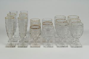 Twelve champagne glasses, twelve water glasses and thirteen wine glasses in clear cut crystal with gold rim