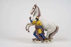 Moro con cavallo bianco, grande gruppo in porcellana policroma. Meissen, fine secolo XIX