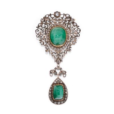 Spilla da corsetto con smeraldi cabochon e diamanti taglio rosa, in argento e oro rosso 18k