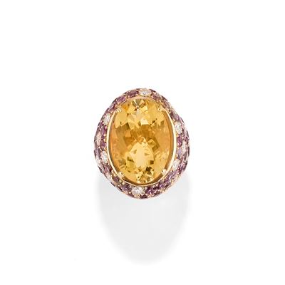 Anello in oro giallo 18k con quarzo, ametiste e diamanti