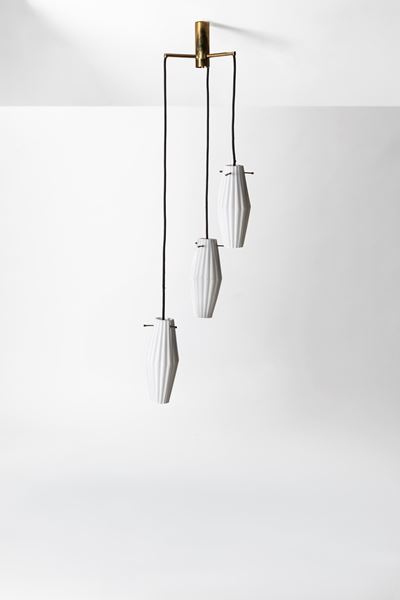 Lampada a sospensione, design anni '60, vetro e ottone