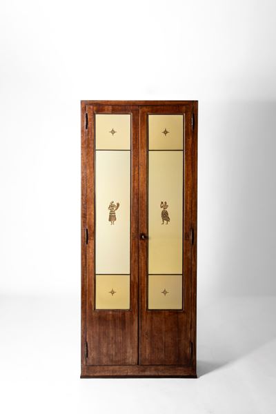 Mobile da archivio con schedario, legno e vetro colorato, 1920 circa