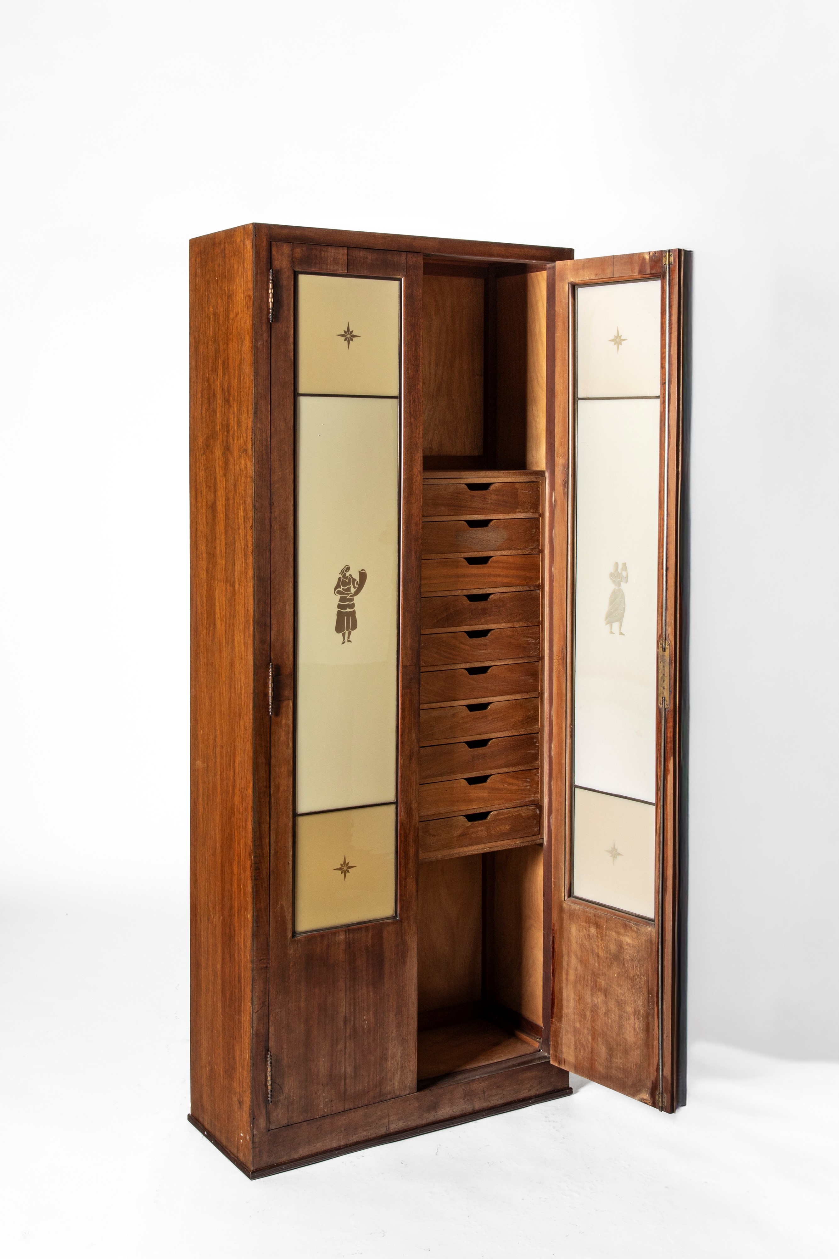 Manifattura Italiana - Mobile da archivio con schedario, legno e vetro colorato, 1920 circa