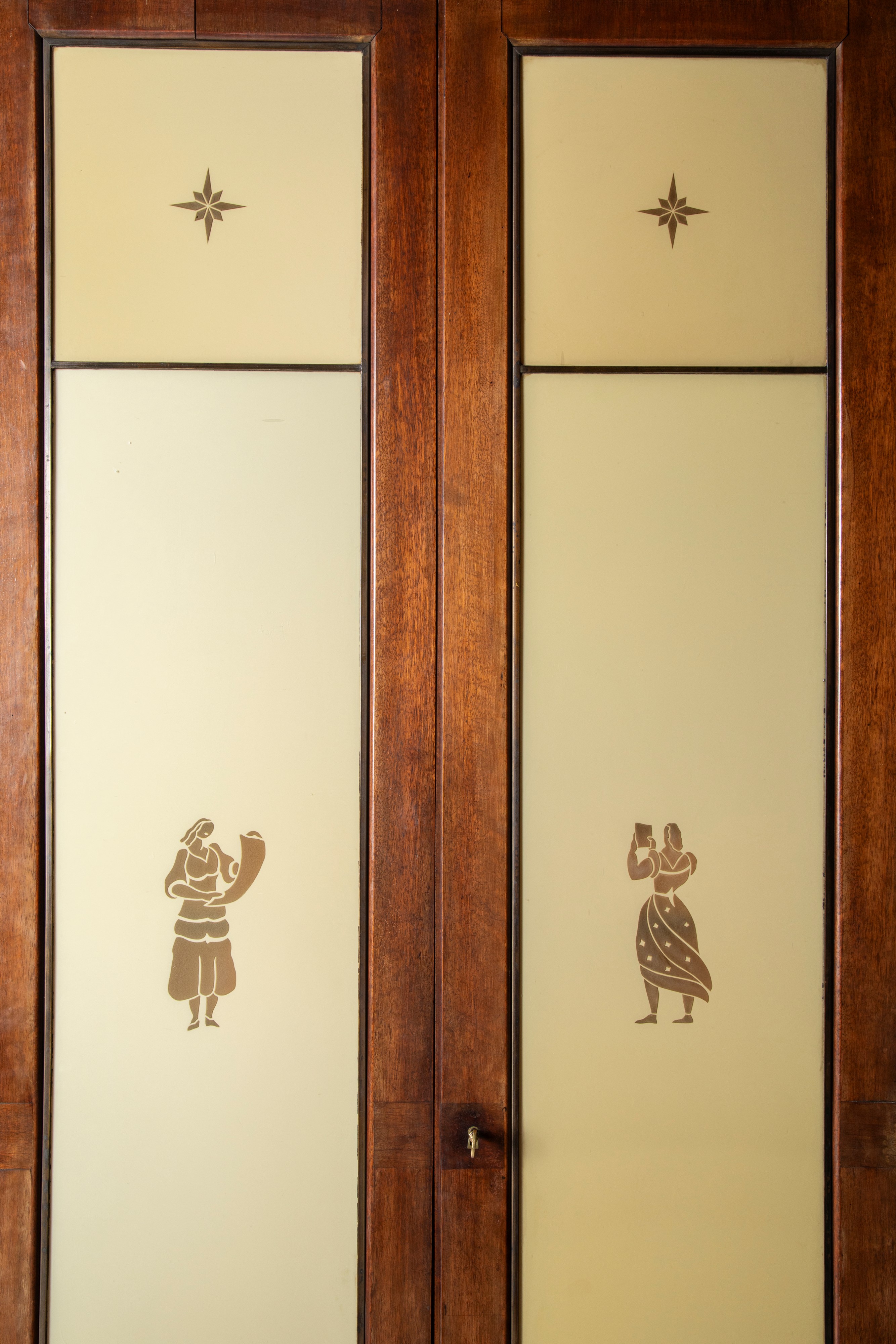 Manifattura Italiana - Mobile da archivio con schedario, legno e vetro colorato, 1920 circa