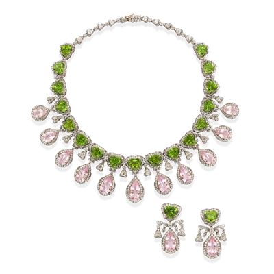 Demi-parure, in oro bicolore 18k, con morganiti, peridoti e diamanti
